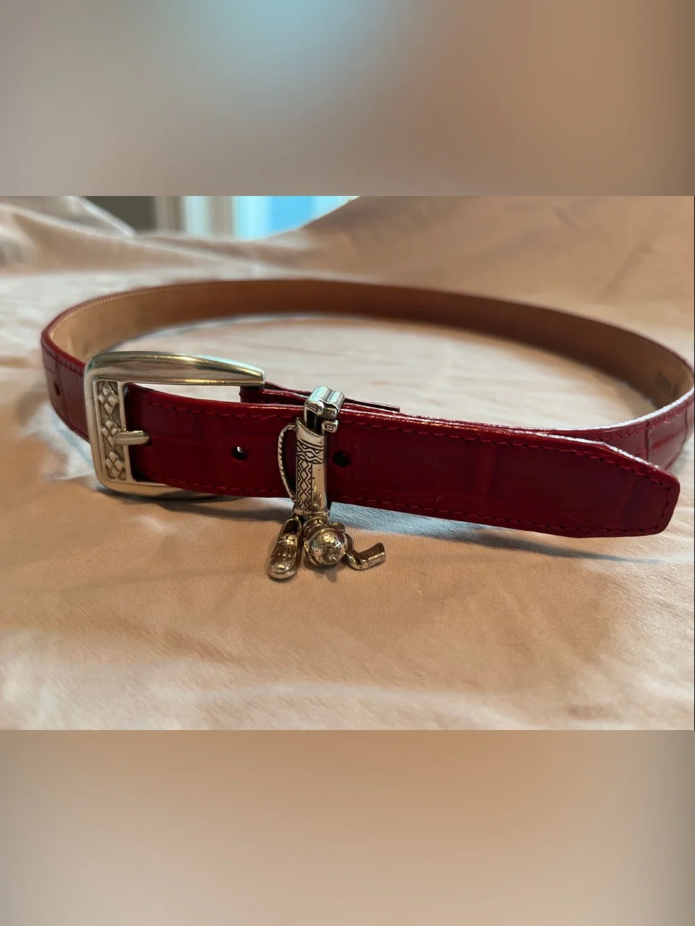 Brighton Red Belt Women’s L 34” Gator Embossed Silver Charm Golf Lover Gift
